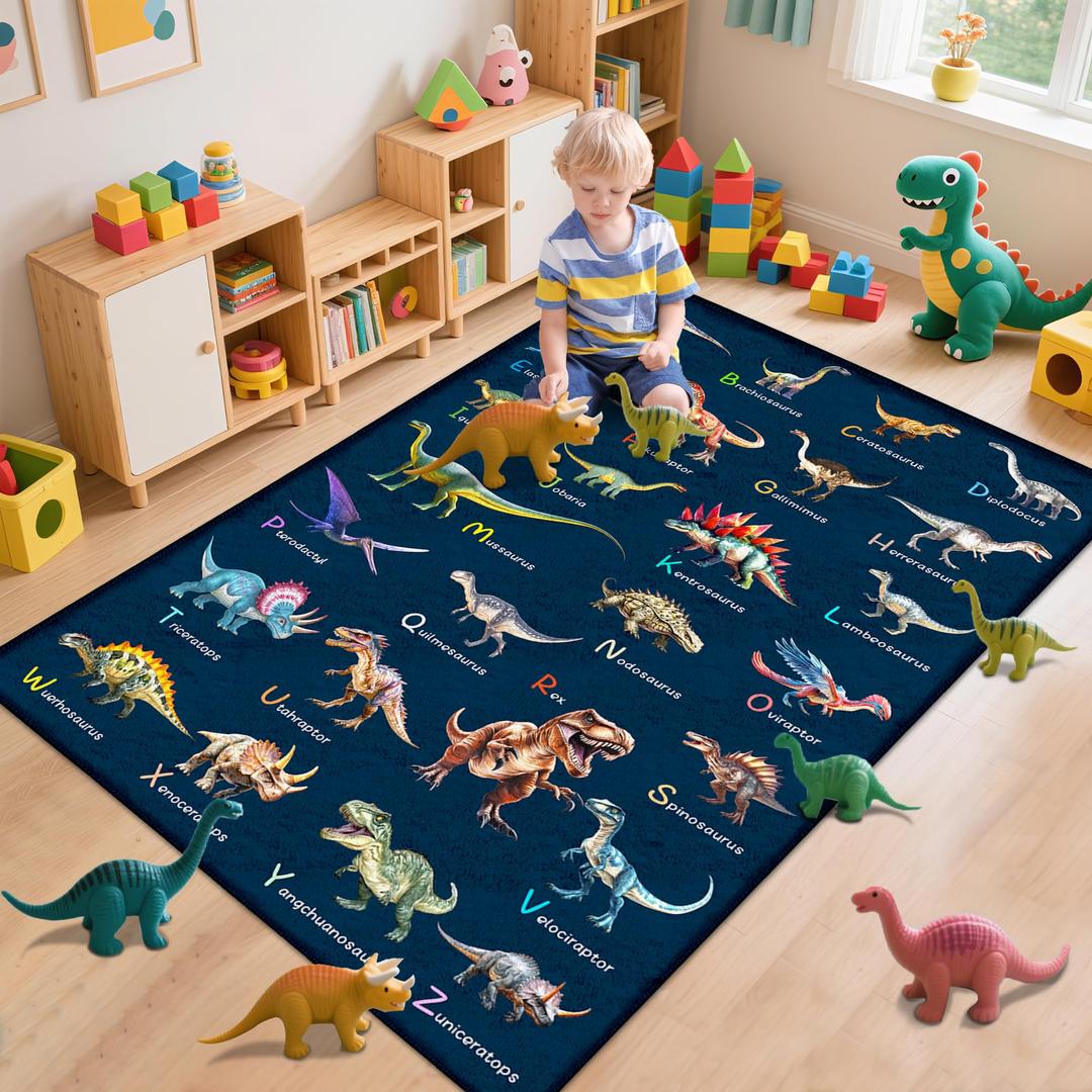 8x10 ft Dinosaur Rug for Boys Room, Large Educational ABC Rugs for Playroom & Bedroom, Soft Non-Slip Washable Learning Carpet Floor Mat, Dinosaur Play Mat for Kids