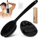 Silicone Back Scrubber & Bath Glove Set 2PCS, 13.4'' Gentle Shower Back Scrubber with Dual-Side Head Non-Slip Handle, 360 Anti-Slip Hand-fit Bath Glove for Rich Foaming Deep Cleaning(Black)