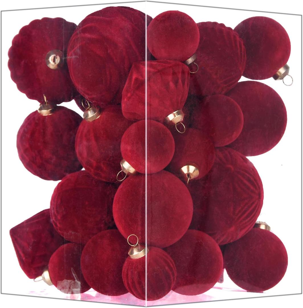 Flocked Ornaments for Christmas Tree Decorations - 35pcs Burgundy Velvet Ball Ornament for Winter Holiday Decor - Plastic Shatterproof Xmas Ornaments Bulk