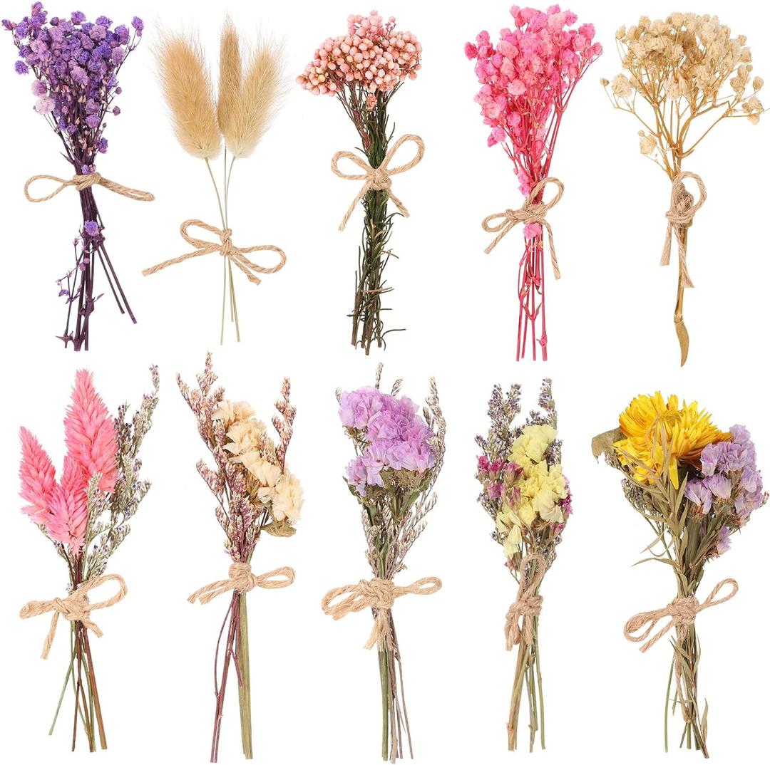 VAIPI 10 Pack Dried Flower Bouquets Various Dried Flower Combinations with Stem Mini Dried Embossing Natural Flower Bundles Artificial Flower Dried Floral Arrangement for Vase DIY Wedding Decor