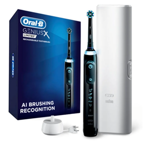 OralB Genius X Limited Rechargeable Electric Toothbrush with 1 Replacement Brush Head, Travel Case, Midnight Black
