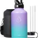 BUZIO 64oz Insulated Water Bottle Stainless Steel Double Wall Leak Proof Half Gallon with Straw Lid and Flex Cap (Cold for 48 Hrs) Sports Flask Metal Travel Mug for Hiking, Camping, Purple Green