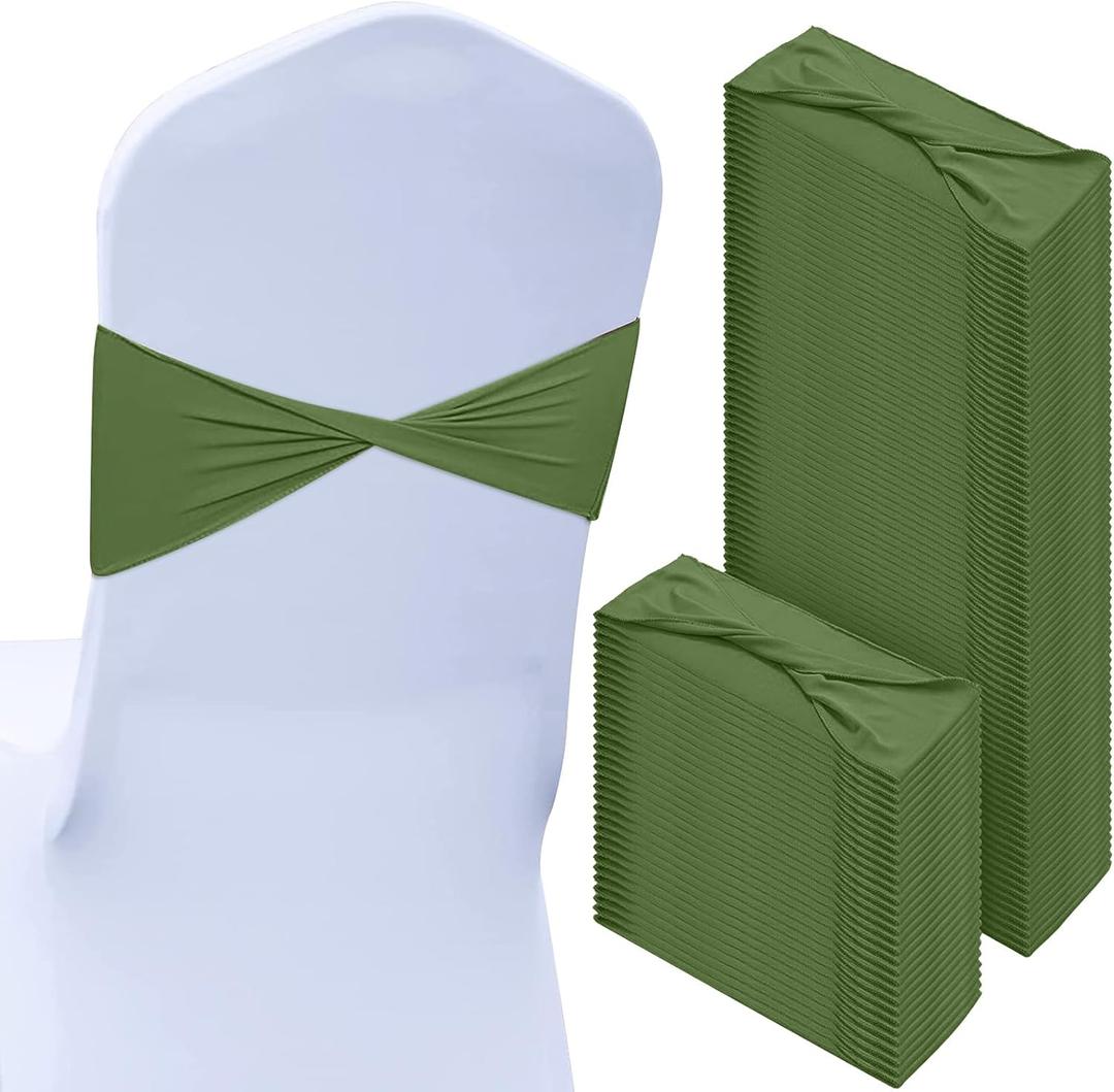 CHENGU 100 Pcs Spandex Chair Sashes Plain Bow Wedding Royal Chair Bands Without Buckle Birthday Decorations Elastic Ties Spandex Slider Sashes for Events Party Ceremony (Moss Green)