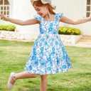 GRACE KARIN Girls A-line Floral Spring Dresses Girls Summer Beach Dress Blue Flowers 8Y