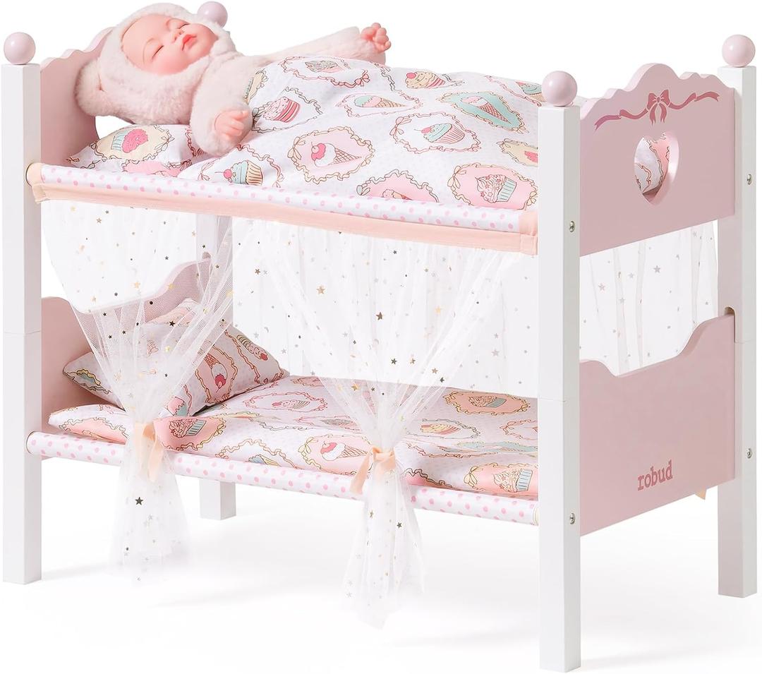 ROBUD Baby Doll Crib, Wooden Baby Doll Beds for 20 Inch Dolls, Baby Doll Bunk Beds with Gauze Curtain, American Girl Doll Bed for Gifts, WRP35, 22.2 inches