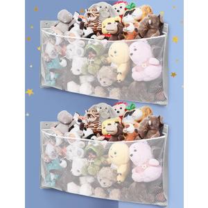 ANROYE 2PCS Large Corner Stuffed Animal Storage, Kids Plushies Toy Grey Wall Hammock for Girls Room, Baby Squishmallow Holder for Nursery, Organizer Idea for Bear Hanging Display Boy Gift (2PCS, Grey)