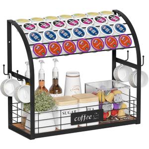 Metal K Cup Holder, 2 Tier Coffee Bar Organizer with 4 Coffee Mug Hooks, Multi-functional Countertop Coffee Station Tray Wooden K Cup Organizer - Black