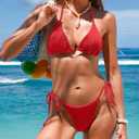 ZAFUL Bikini Sets for Women Halter Two Piece Swimsuit Ribbed High Cut Tie Side Thong Bathing Suit Sexy Padded Swimwear (Red, XL)