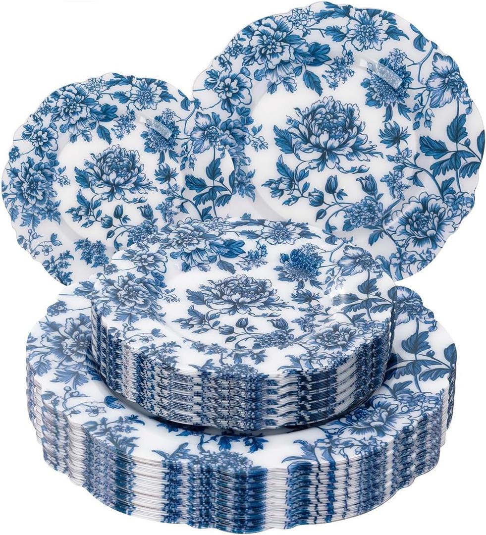 WDF 20PCS Blue Plastic Plates - Baroque White and Blue Plates - Chinoiserie Floral Party Decorations for Birthday/Tea Party/Spring (10inch 7inch, Blue Juyi Flower)