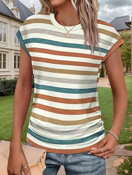 Ronuti Womens Short Sleeve Tshirts Crew Neck Womens T-shirts with Side Shirring Cruise Clothes for Women Summer T-shirts, Medium
