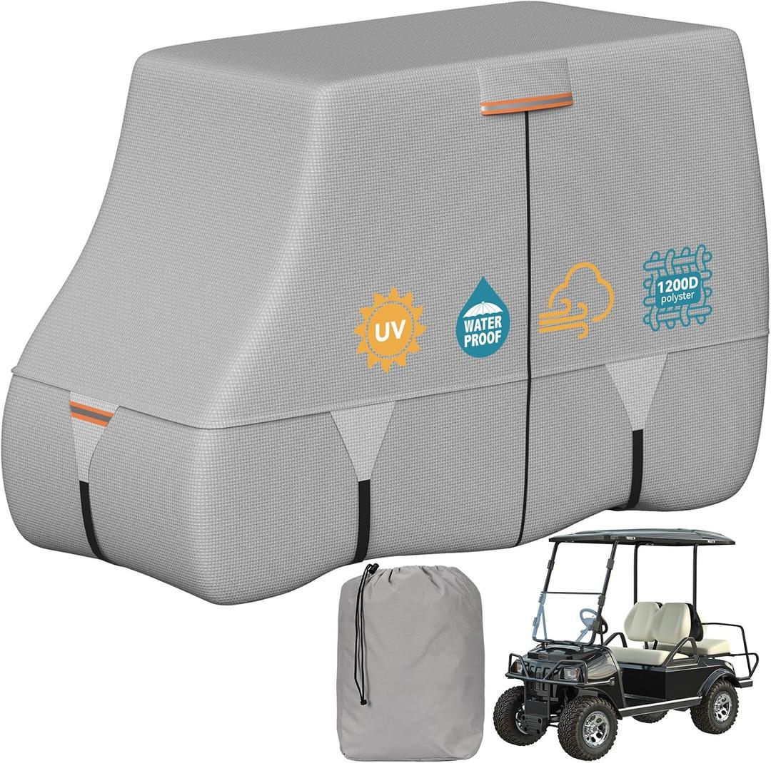 Tuszom 100% Waterproof 1200D Solution-Dyed Golf Cart Cover Universal Fit Yamaha,Honda,Club Car,EZGO and Most Brand Golf Cart for 2/2+2/4/4+2/6 Seats with Zipper Door,Storage Bag (Gray)
