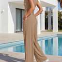 BTFBM Womens 2 Piece Outfits Spring 2026 V Neck Cap Sleeve Ruched Top Wide Leg Pants Sets Rib Knit Lounge Matching Set(Khaki, XX-Large) (Brown, XXL)