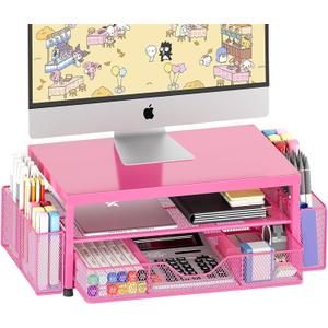 OPNICE Desk Organizer and Accessories, 2-Tier Computer Monitor Stand with Drawer and 2 Pen Holders, Laptop Stand, Office Desk Accessories for Office Supplies, Carmine Rose