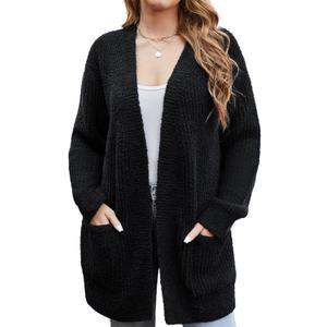 Snuggle Sac Cardigan Sweaters for Women with Pocket Trendy Casual Long Sleeve Tops Open Front Fall Winter Coats (Black, L)