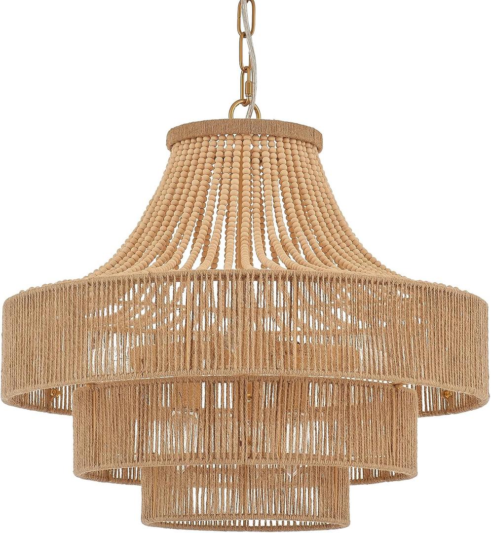 Wood Beaded Rattan Chandelier Boho Hand Woven Pendant Light 6-Lights Adjustable Coastal Pendant Lighting Fixtures for Dining Living Room Kitchen Hallway, Dia 20, UL Listed