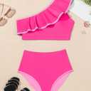Herseas Women's One Shoulder Bikini Sets Color Block Trim Ruffle Hem Swimsuits Elegant Bathing Suits (Pink, M)