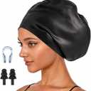 Extra Large Swim Cap for Long Hair & Swim Cap Women Adult - Silicone Swimming Hat for Braids, Dreads, Weaves & Extensions with Ear Plugs & Nose Clip (8.66in Opening, Black)