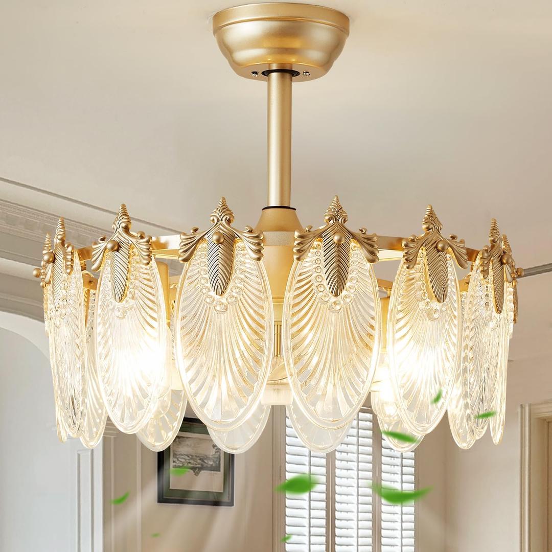 Crystal Fandelier Ceiling Fan with Light Chandelier Fan Glass Semi Flush Mount Remote Control 6 Speeds 20 Inch Low Profile for Girl's Bedroom Living Room Kitchen Island