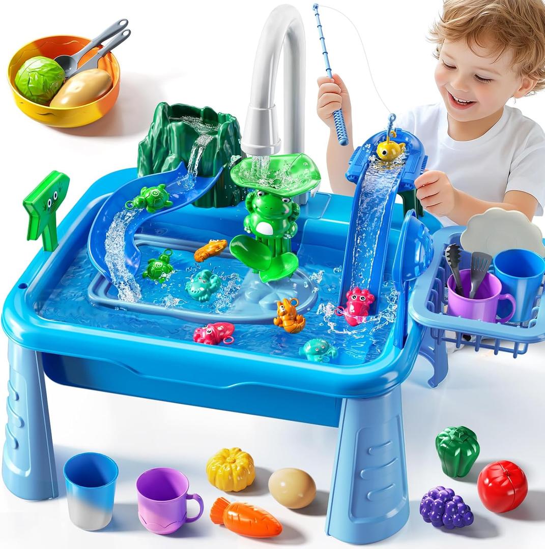 JUKUDAHU Water Table Play Sink Toy for Kids 2 3 4 5 6 Years Old - Outdoor Kitchen with Running Water, Fishing Games, Toddler Water Play Table for Kids Ages 3-8, Beach Outdoor Toys, Summer Gifts, Blue Electrical Water Table