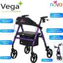NOVA Vega Rollator Walker - Lightweight 18 lb Folding Mobility Walker, 8 Wheels, Adjustable Height, Hand Brakes, Padded Seat & Backrest, Purple