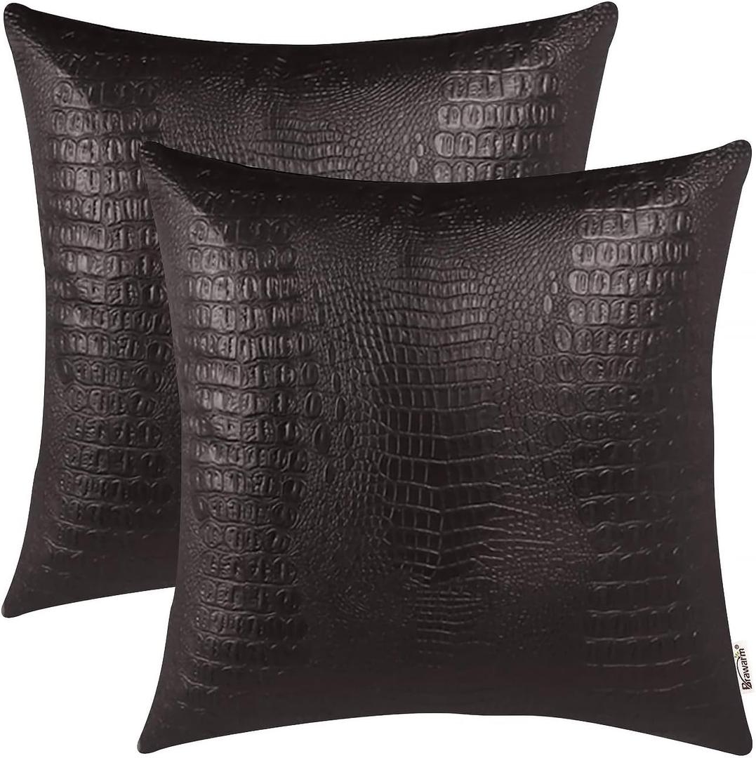 BRAWARM Faux Leather Pillow Covers 20 X 20 Inches, Brown Leather Pillow Covers Pack of 2, Crocodile Leather Decorative Throw Pillows for Living Room Couch Bed Sofa Home