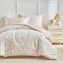 3pcs Floral Cotton Comforter Set for Girls, Pink Blue Beige Flowers Leaves Design, Twin Size Soft n Cozy Kids Bedding Comforter for All Season- 68x88 inches