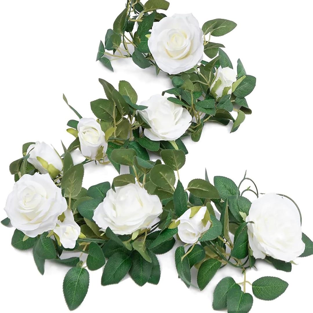 White Rose Garland Simulation Flower Garland for Wedding Bells Decoration Artificial Flower for Party Furniture Garden Tablescape Decoration (200cm/6.5ft)