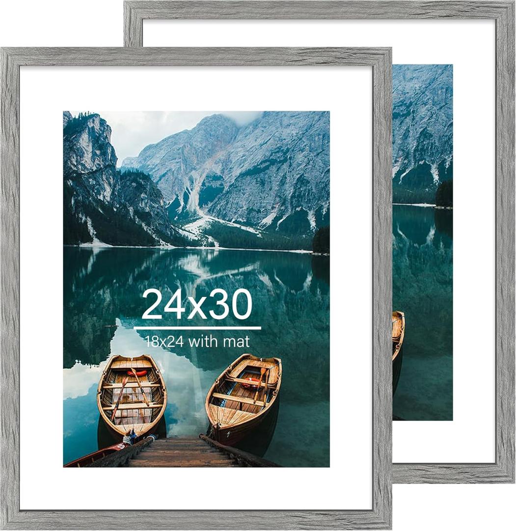 24x30 Frame Set of 2, Rustic Grey Wood Style - Display 18x24 Picture Frame with Mat or 24 x 30 Poster without Mat, Wall Mounting Horizontal and Vertical