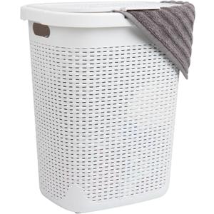 Mind Reader 50L Slim Laundry Hamper, Clothes Basket, Lid, Wicker Design, Plastic, 17.65"L x 13.75"W x 21"H, White