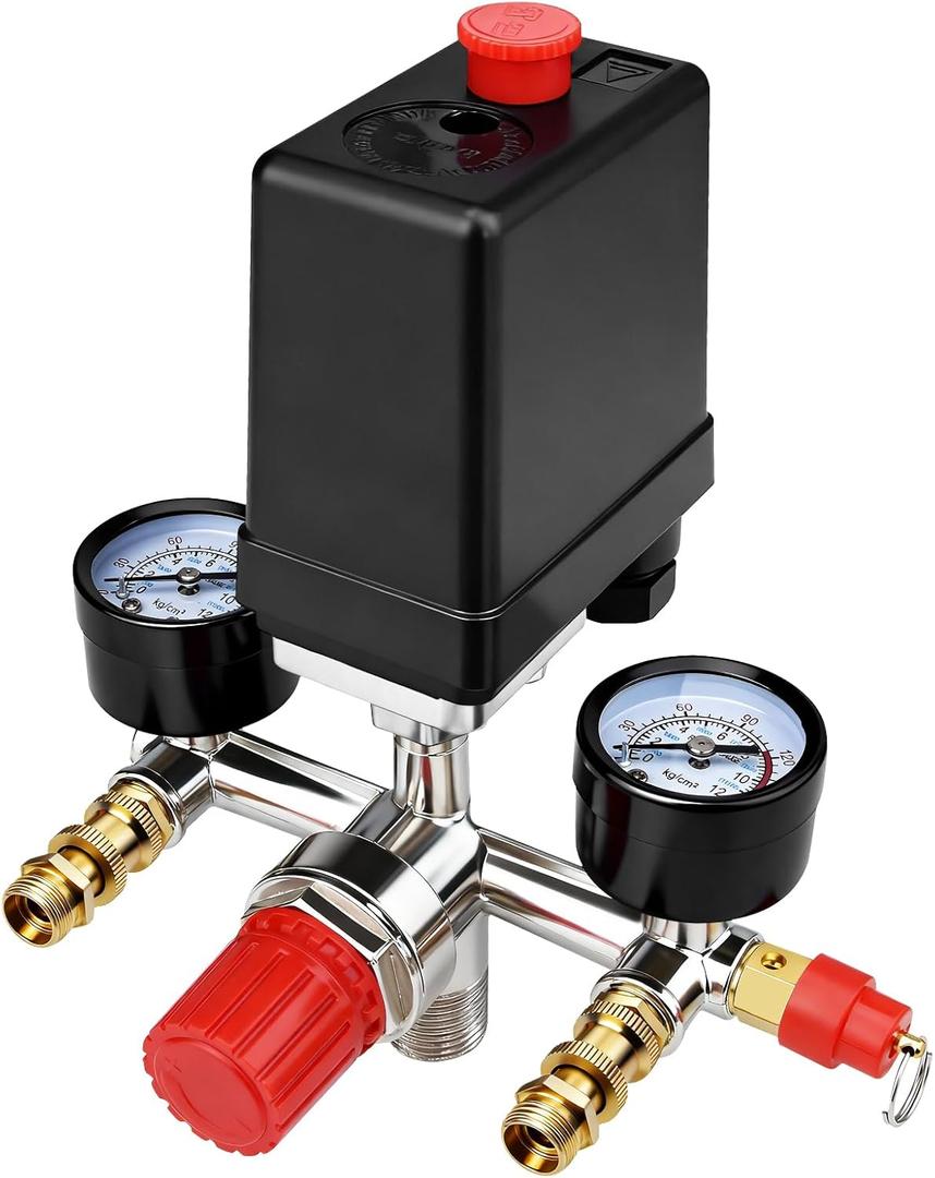 90-120 PSI Air Compressor Pressure Control Switch Valve With 0-180 PSI Pressure gauge and Manifold Regulator (Vertical Switch)
