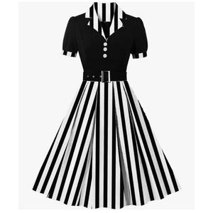 IBTOM CASTLE Women's 1950s Vertical Striped Neck Tie Vintage Button Down Cocktail Fancy Halloween Cosplay Dress L