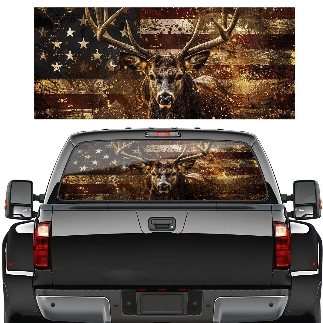 Deer and Flag Wallpaper Truck Back Window Decals - Rear Window Sticker for Trucks - Blocks Sun Rays - Reflective - 66in x 20in