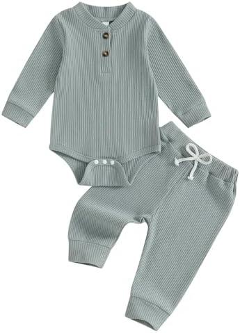 allshope Newborn Baby Boy Fall Outfit Romper Long Sleeve Solid Jumpsuit Bodysuit Elastic Waist Pants Infant Waffle Clothes 1-3m