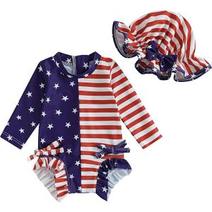 Toddler Girl 4Th of July One Piece Swimsuit Rash Guard Beachwear Ruffle Baby Swimwear Sun Protection Bathing Suit, 3-4Y