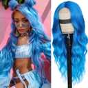 Ombre Blue Wig for Women, Blue Wavy Wig Middle Part 26 Inch Blue Wigs Heat Resistant Synthetic Wigs for Daily Party Use