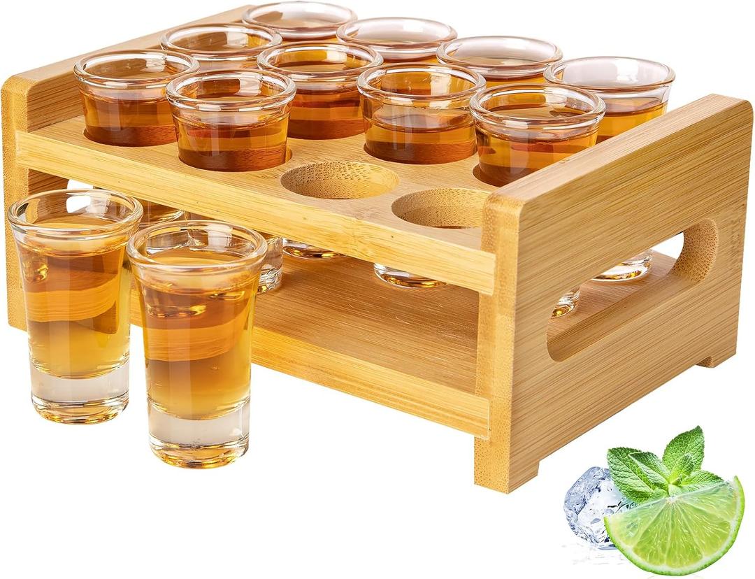 LINALL Shot Glass Set 0.7oz/20ml 12pcs Clear Shot Glass Holder Set Mini Shot Glass Perfect for Party, Bar, Club, Cocktail (12pcs)