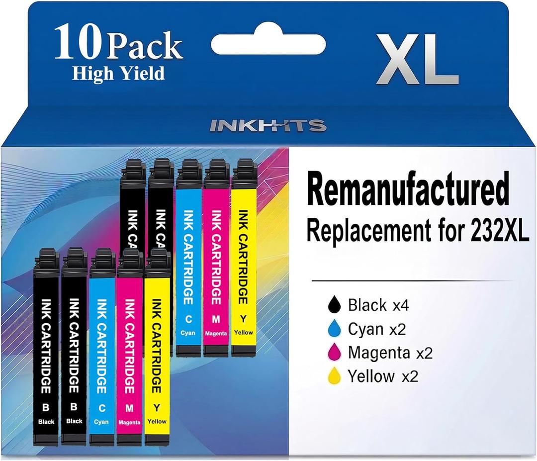 Remanufactured Ink Cartridges Replacement for 232XL Ink Cartridges Combo Pack Latest Upgrade (10-Pack) Work with Epson XP-4200 XP-4205 WF-2930 WF-2950, 4 Black 2 Cyan 2 Magenta 2 Yellow