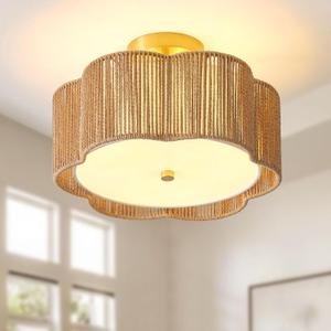 13.6" Boho Light Fixtures Flush Mount, 3-Light Rattan Semi Flush Mount Ceiling Light, 6 Petals Flower-Shaped Rattan Bedroom Light Fixtures for Hallway Kitchen Dining Room(Yellow) (6 Petals-Yellow)