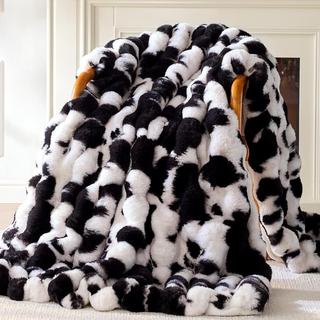 Faux Fur Throw Blanket, 1000GSM Fluffy Soft Bubble Blanket for Couch Bed, Cozy Plush Warm and Thick Blanket, Fuzzy Rabbit Throw for Living Room Bedroom 90''*104'' Cow Black (King)