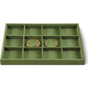 Dansmiy Velvet Ring Display Tray Stackable Multi Slot Jewelry Organizer for Rings Ear Studs Drawer Insert Accessories Showcase Storage (Olive Green)