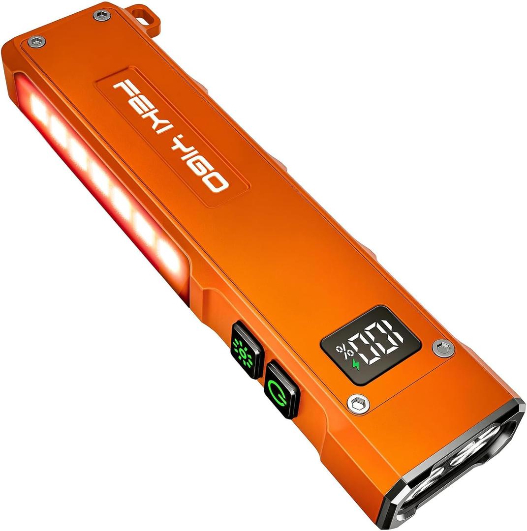 Feki Yigo Flat EDC Flashlight Rechargeable 1800 Lumens - Pocket Flashlight with 365nm UV Light, RGB Modes, Magnetic Base, Digital Display, IPX4 Waterproof for Camping, Emergency, Mechanics (Orange)