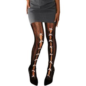 Milumia Women's Bow Tie Lace Tights Y2k Hollow Out Fishnet Stockings (Black)