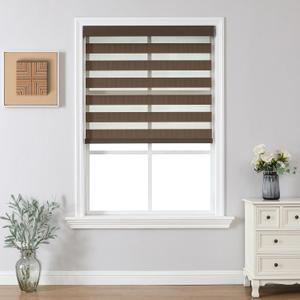 Joydeco Cordless Zebra Blinds (Pro), Dual Layer Light Control Zebra Blinds for Windows, Light-Proof Aluminum Cover, Free-Stop Roller Shades for Home & Office (Coffee,33" W x 75" H), blinds look used, left side plastic is partly broken