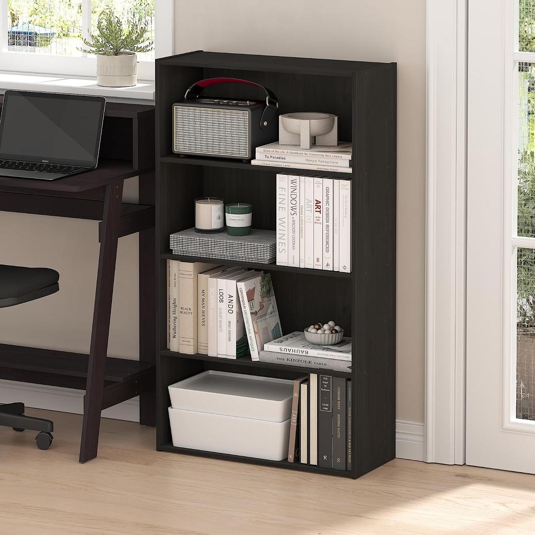 Furinno PASIR Book Shelf, 4-Tier Bookshelf, Bookcase with Open Shelf, 9.4 x 23.6 x 41.7, for Living Room, Bedroom, Home Office, Black Espresso