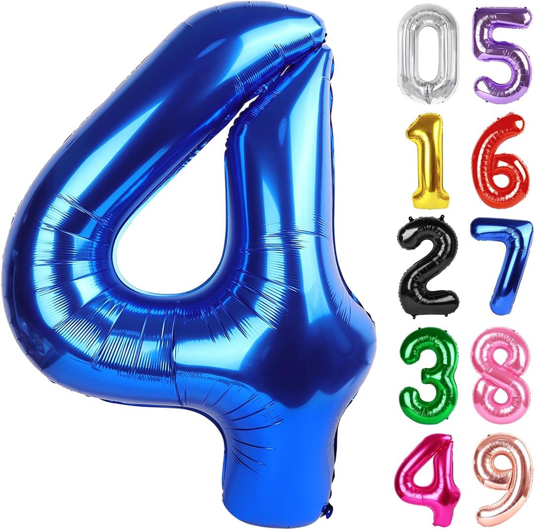Metallic Blue Number 4 Balloon 40 Inch, 4th Birthday Party Decorations for Children, Giant 4 Foil Balloon for Party Supplies