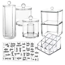6-Pack Makeup Organizer Acrylic Plastic Containers. Bathroom Beauty Storage Set: 5 Canisters & 107 Printed Labels Organization