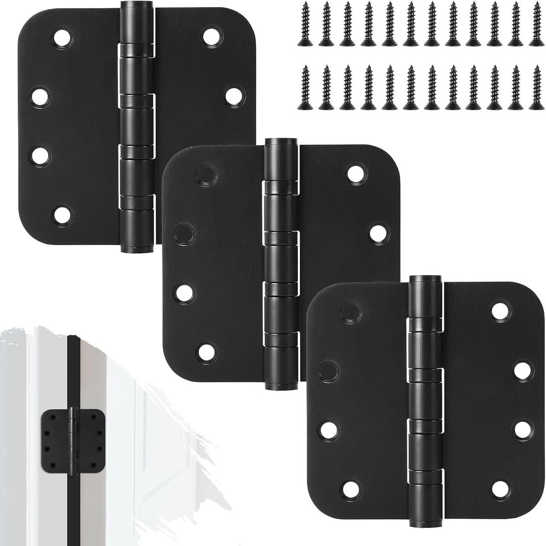 3Pcs Stainless Steel Black Door Hinges, 4 x 4 Inch Door Hinge with Ball Bearing, Rounded 5/8 Radius Interior