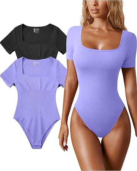 OQQ Women's 2 Piece Bodysuits Sexy Ribbed One Piece Square Neck Short Sleeve Bodysuits (Large)