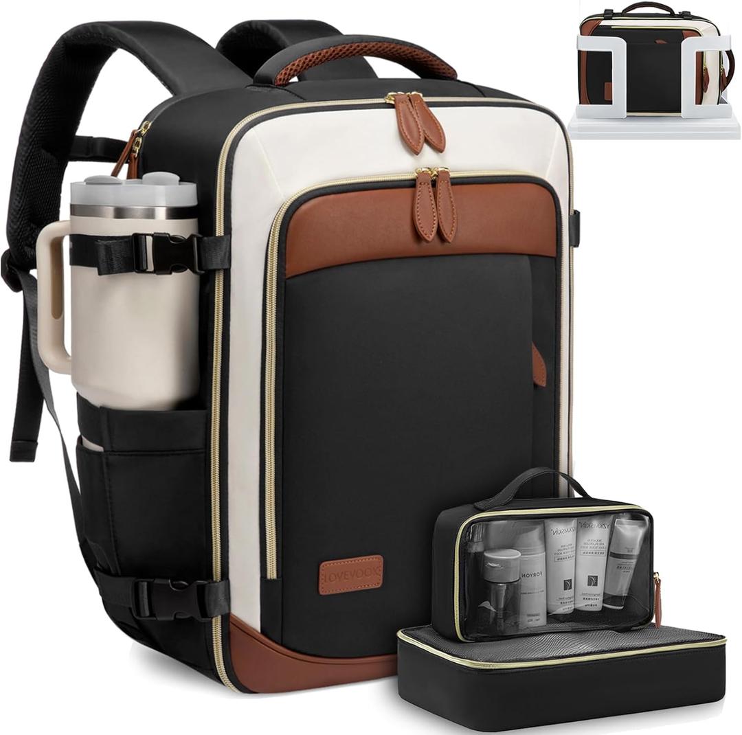LOVEVOOK 40L Travel Backpack for Women, Carry On Backpack with 3 Packing Cubes,TSA Personal Item Travel Bag Airline Approved, Water Resistant Weekender Overnight Luggage Daypack, Fits 17.3 Inch Laptop (H-black-beige-brown)