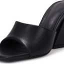 VETASTE Women's Heeled Sandals Square Open Toe Slip on Block Heels Mules (6, Black)